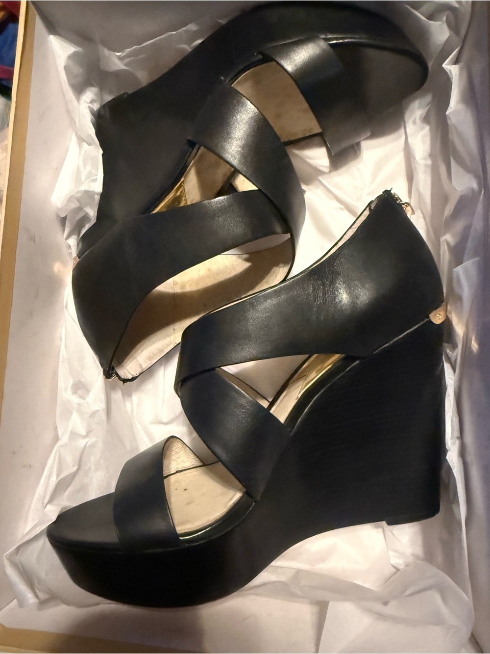 MICHAEL KORS Elena Leather Wedge Sandal Heels - Black - Picture 2 of 8